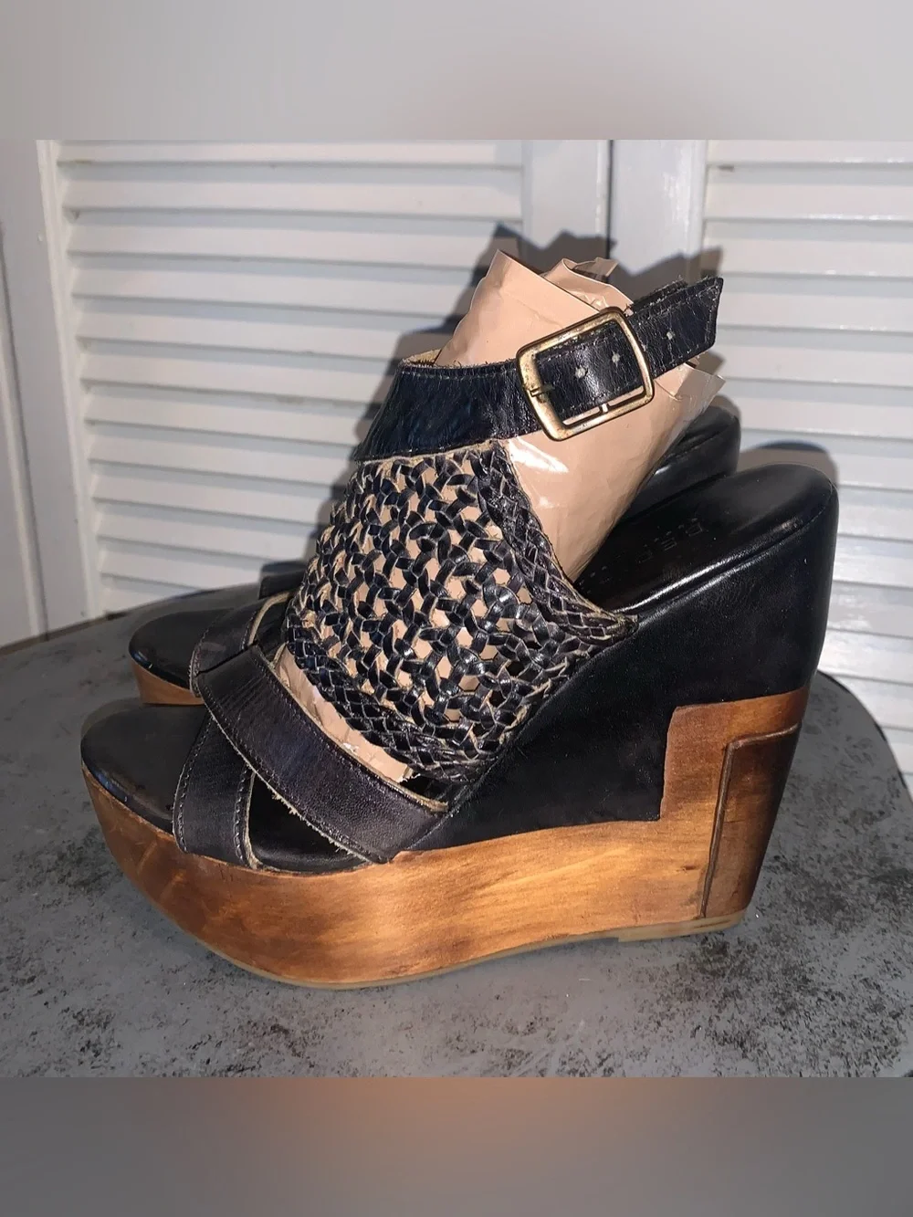 Bed Stu Petra Black Woven Leather Platform Wedge Sandals Boho Wood Heel 7